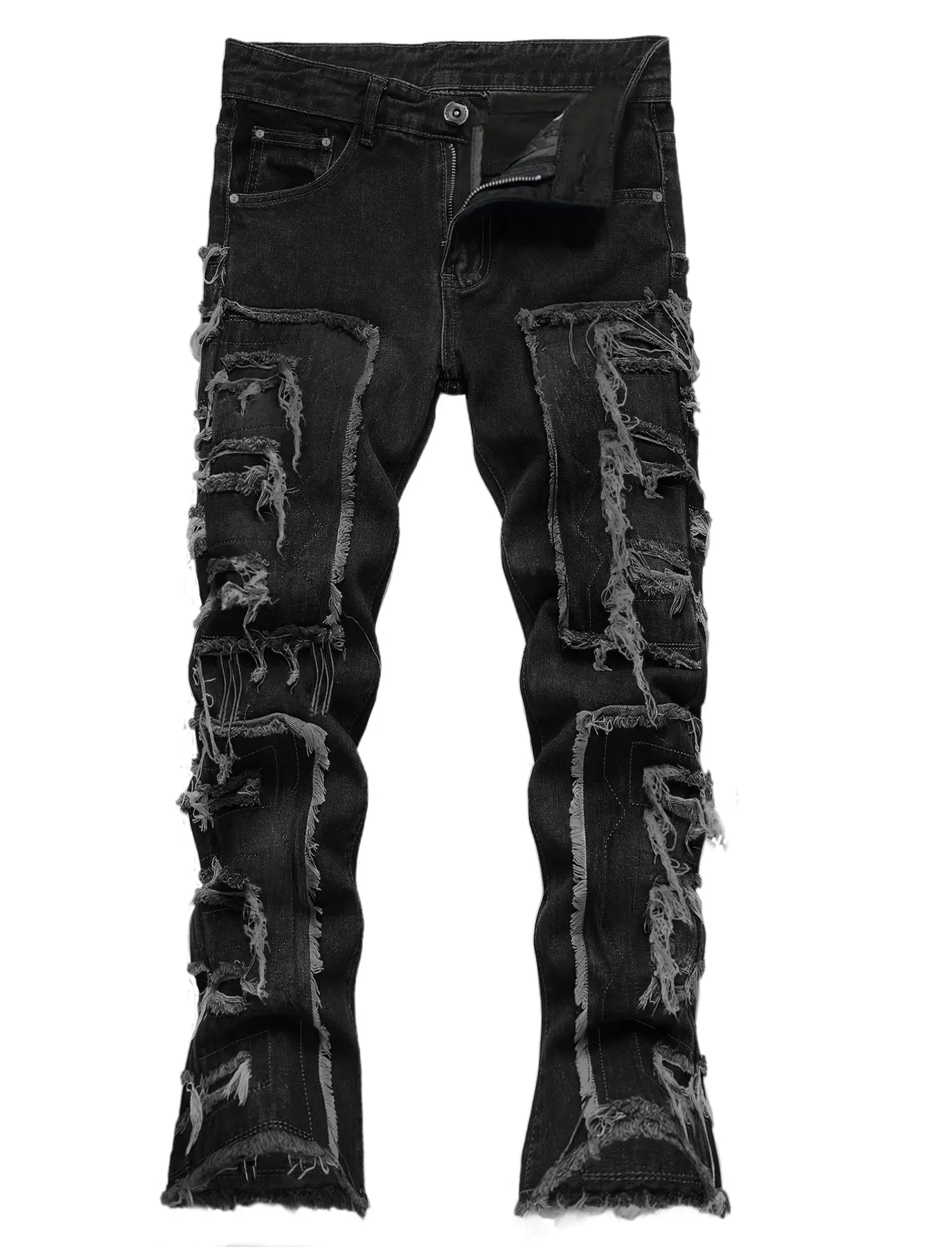 Men's micro-pull tassel patch Y2K style classic style jeans, 5 pocket design, cool men's pants, bootcut jeans men，fashionable casual wear Black Thick