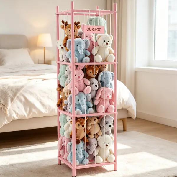 Multifunctional Large-Capacity Corner Wooden Stuffed Animal Storage Rack, Solid Pine Frame, Elastic Straps, Space-Saving Home Organizer Decor for Nursery, Kids Room