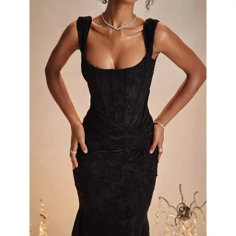 Square Collar Elastic Net Jacquard Pleated Sleeveless Fishtail Suspender Dress Urban Corset Dress Casual Fabric Square Collar Elastic Net Jacquard Pleated Sleeveless Fishtail Suspender Dress Urban Corset Dress Casual Fabric