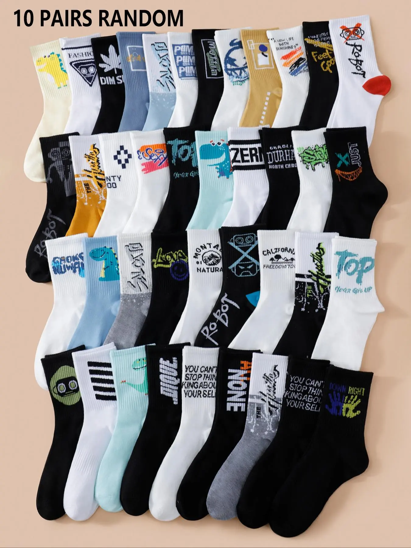 Men's Street Style Graffiti Letter Mid-Calf Socks, Letter Print Socks, 10 Pairs Random Design, Casual Daily Wear, Comfortable & Versatile, Casual Stylish Socks, Casual Comfy Socks