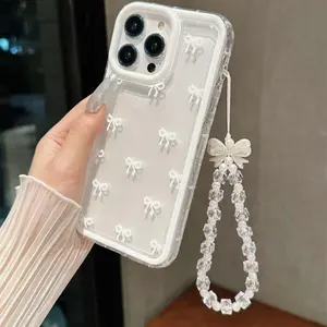 Bowknot Pattern Aesthetic Phone Case with Beaded Lanyard, 1 Count Transparent Anti-fall Decorative Phone Protector Cover, Phone Accessories Compatible with iPhone 11 12 13 14 15 Pro Max