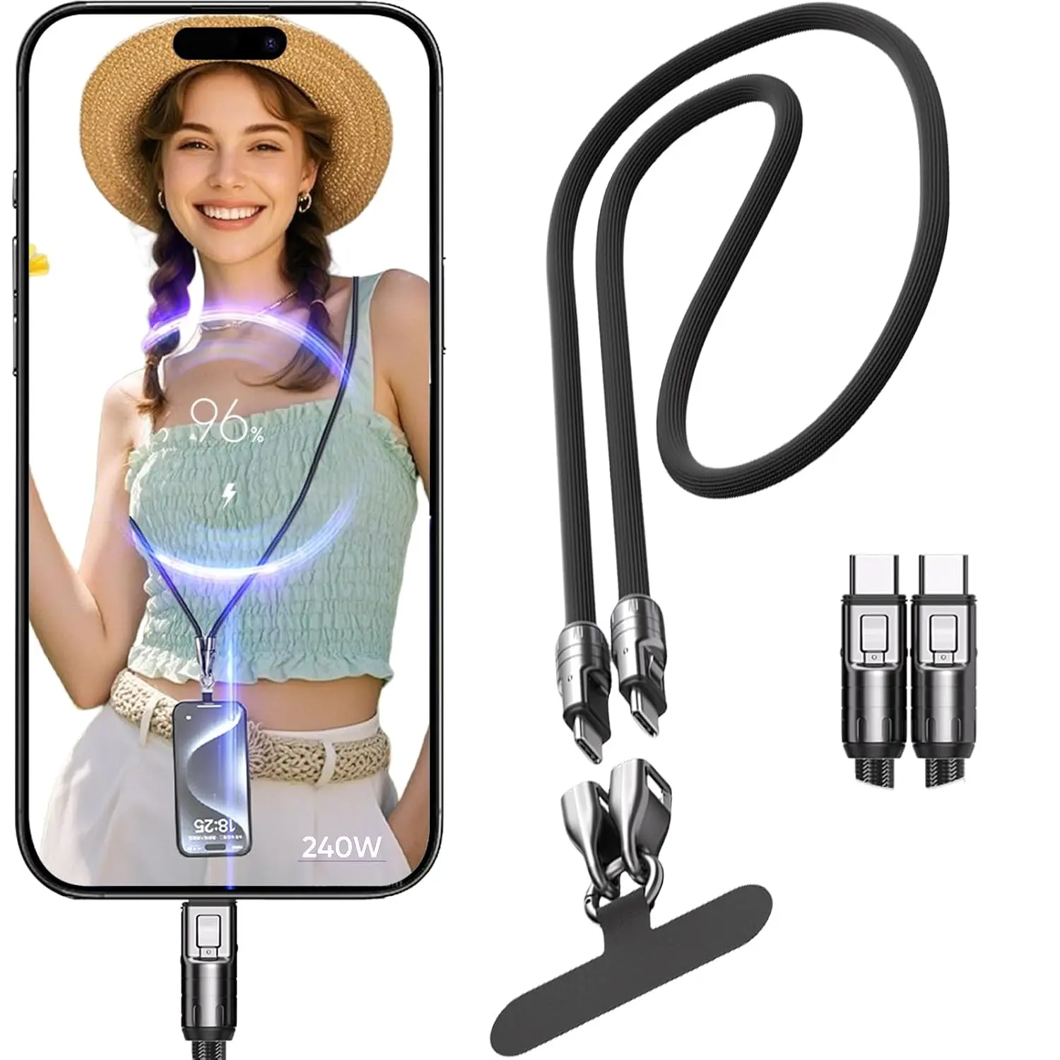 2 in 1 USB-C Phone Lanyard Cable, 240W Fast Charging & Data Transfer Strap, Bold Braid Dual Type C Fast Charging Cord for Huawei Samsung iPhone Xiaomi and Other USB-C Devices–Black,1.2M Cellphone Smartphone Electronic