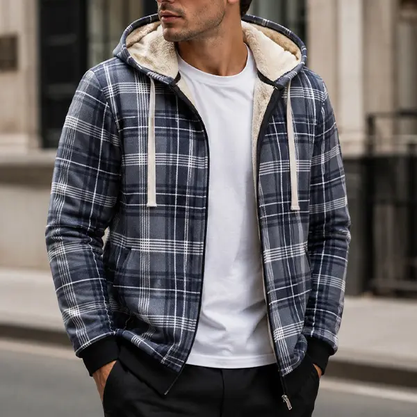 Men's Plaid Fleece Lined Zip-Up Hoodie, Heavyweight Sherpa Hooded Sweatshirt, Casual Plaid Jacket with Drawstring, Thick Warm Thermal Coat for Autumn and Winter Streetwear