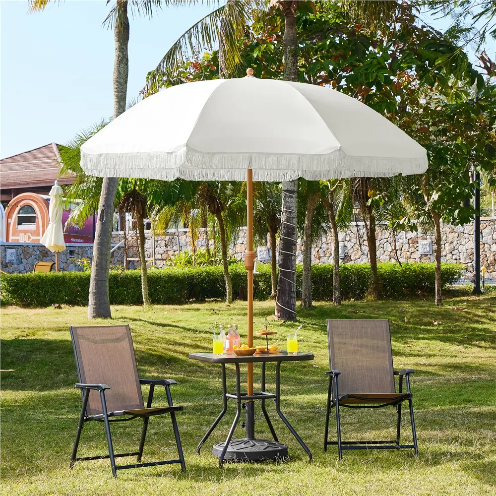 【Holiday Style】Yaheetech 7.5ft/9ft 8 Rib Patio Umbrella for 2-4 People, Glass Fiber Garden Parasol with Fringe, Outdoor Crank Operating Umbrella with Tiltable Canopy