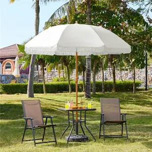【Mother's Day Gift 】【Holiday Style】Yaheetech 7.5ft 8 Rib Patio Umbrella for 2-4 People, Glass Fiber Garden Parasol with Fringe, Outdoor Crank Operating Umbrella with Tiltable Canopy