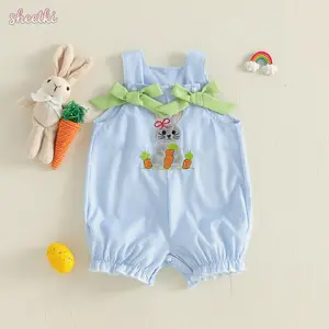 Infant Baby Girl Easter Romper Sleeveless Square Neck Cute Bunny Embroidery Striped Print Bow Decor Jumpsuit