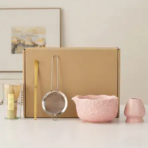 5-Piece Ceramic Matcha Kit Set, Adorable Cherry Blossom Design, Traditional Japanese Tea Making Tools, Matcha Bowl Spout, Matcha Whisk, Perfect for Home Use
