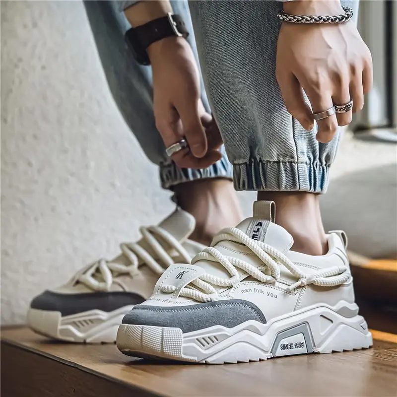 Men's Preppy No-Heel Casual Low-Top Sneakers - Thick PVC Sole, PU Upper, Mesh Inner, Lace-Up, Patchwork Design, Fashion All-Season Men's Casual Trainers for Holiday Walking