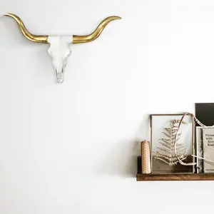 White + Gold Mini Faux Longhorn Skull 20" Eco-Friendly Resin Hand Painted Animal Decor