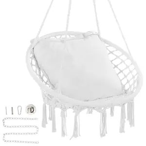 VEVOR Hanging Hammock Swing Chair, 330 lbs Capacity, Macram Hanging Chair with Cushion and Mounting Hardware, Cotton Rope Swing Chair for Bedroom, Balcony, Patio, Garden, White