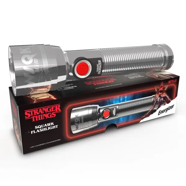 Energizer Stranger Things Squawk Retro LED Flashlight - Limited Collector's Edition, 250 Lumens, UV Lamp, AA Alkaline Compatibility, 2 AA Adapters, Led Lights, Batteries