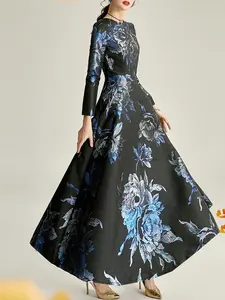 Black-Blue A-Line  Cocktail Party & Evening Floral Dress  Polyester Fabric