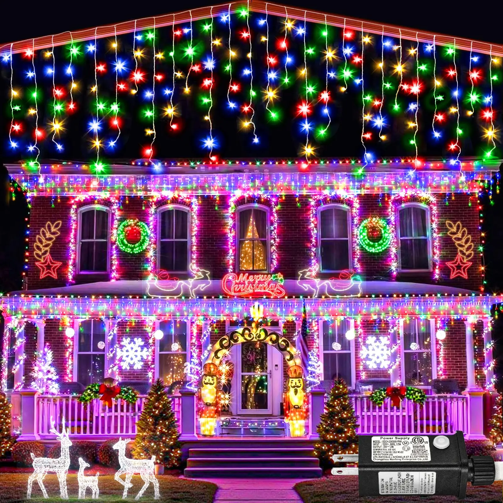 Plastic Curtain Icicle Christmas Lights, Outdoor 19.69Ft 306 LED Twinkle Lights with 8 Modes Timer, Waterproof Colorful Decoration for House Holiday, Wedding, Icicle Lights