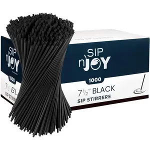 , Plastic Stir Straw, Sip Stirrer, For Coffee and , 7 1/2 Inches 1000/Box, Black