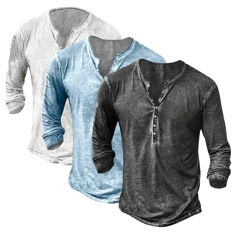 Imily Bela Mens Distressed Henley Shirts Retro Long Sleeve Tee Shirts Casual Button Down Washed T-Shirts for Men Cotton Menswear Father's Day Gift Shirt