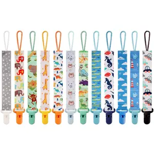 12 Pack Pacifier Clips with Strap 25.5cm - Premium Polyester Baby Pacifier Holder Set, Multi-Design Clips for Boys Girls
