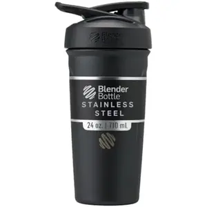 BlenderBottle Strada Shaker Cup Insulated Stainless Steel Water Bottle with Wire Whisk 24-Ounce Black BPA-Free Double-Wall Vacuum Insulated