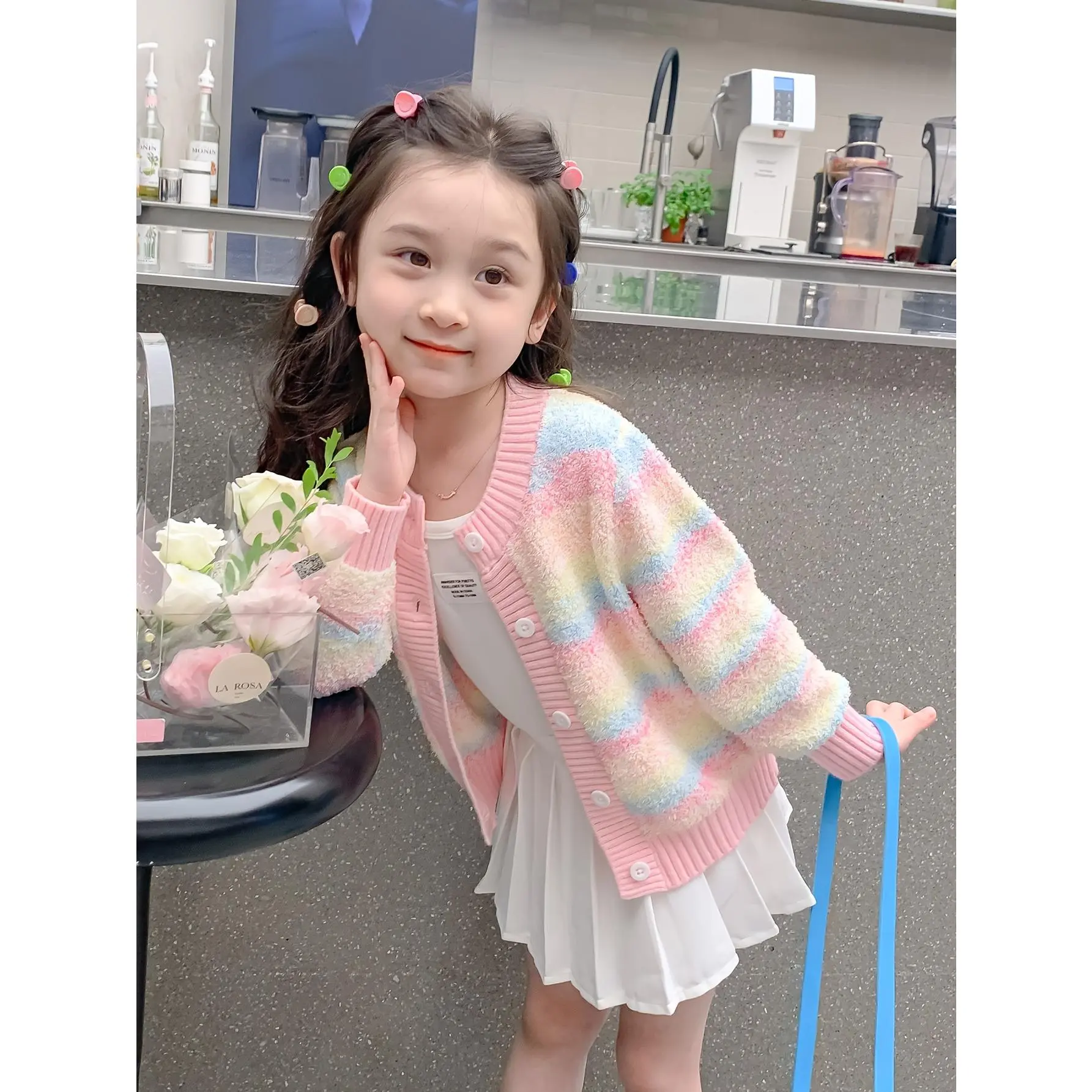 Girls' Colorblock Knit Cardigan, Casual Long Sleeve Button-Front Sweater with Crew Neck and Ribbed Trim
