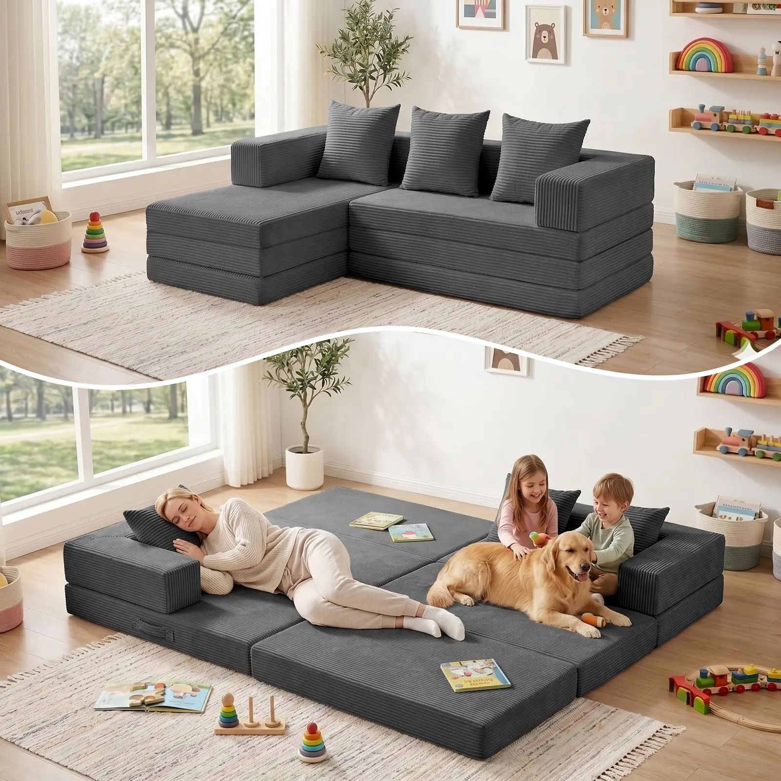 Winzoo Modular Kids Playing Sectional Sofa Bed,L-shape,Removable Cover, Comfortable & Safe Toddler Couch for Children Portable & Easy to Clean,Ideal for Living Room & Playroom