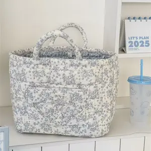 Multi-use quilted floral basket — laundry, snacks, toys, or even a picnic tote Foldable quilted cotton storage tote — perfect for dorms, bathrooms, and small apartments