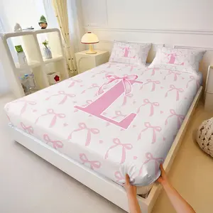 3Pcs Light Pink Letter 'L' Fitted Sheet Set, Bed Sheets Set, Adorned with Shiny Bow and Whimsical Heart Patterns, Soft and Cozy Bedding for a Feminine Bedroom Decor, Perfect Gift for Kids and Teens Includes 2 Pillowcases, No Pillow Core