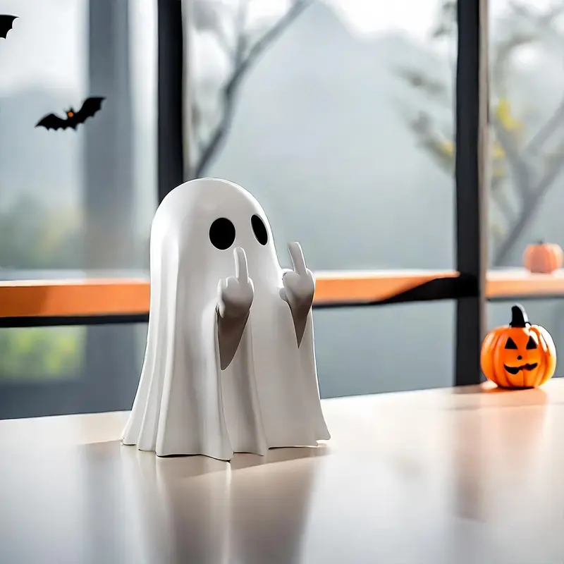 Halloween Spooky Ghost Resin Figurine - Plain, Playful Collectible Figure Ornament with Finger Gestures, Textured Resin-Based Monumental & Decorative Collectibles for Home Indoor Decor