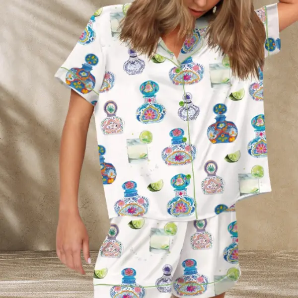 Tequila Pajama Set for Women - Fun Short Sleeve Top & Matching Shorts Featuring Colorful Tequila Designs for Cozy Comfort