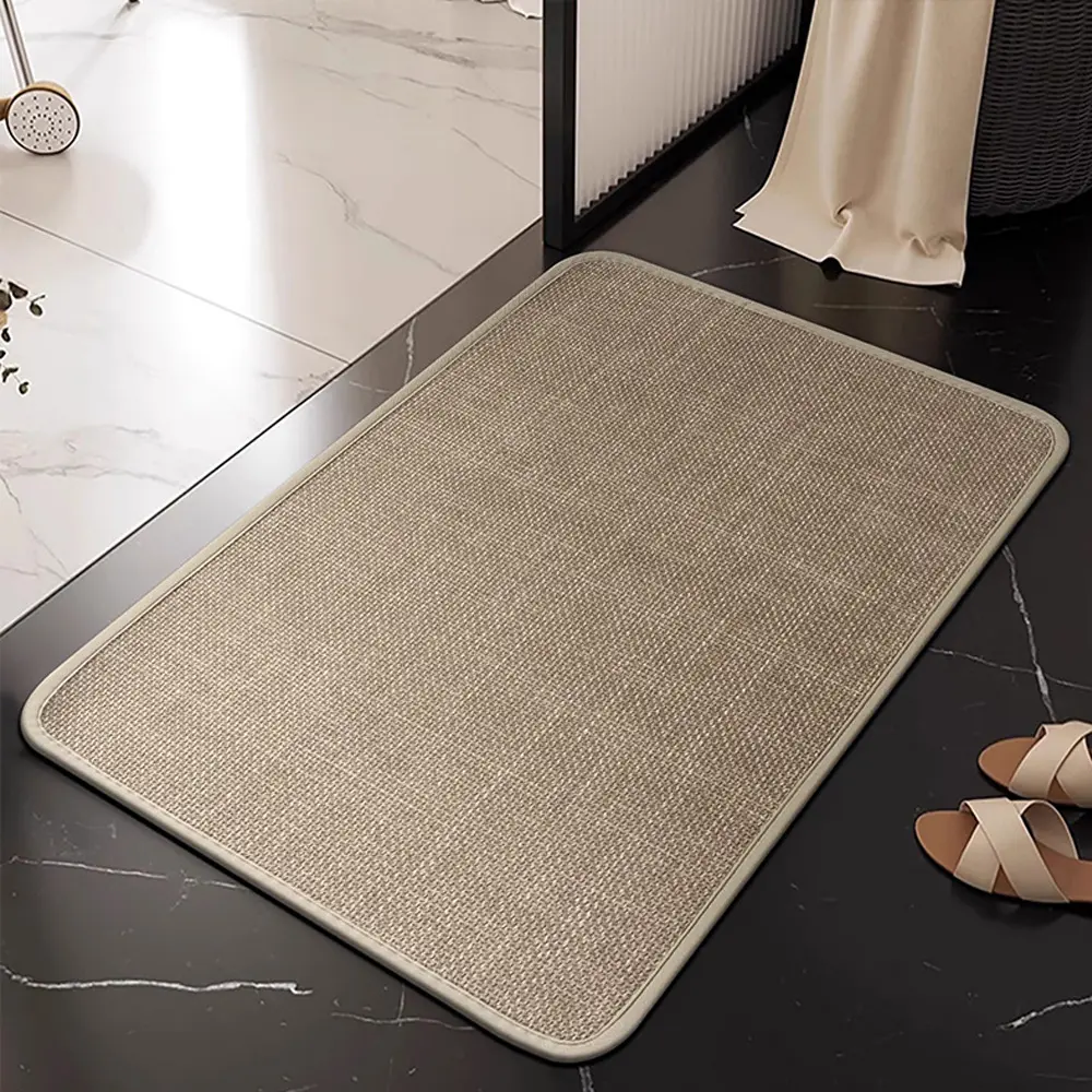 Beige Thin Natural Linen Indoor Door Mat - Non-Skid Slip-Proof Bath Mats, Low Profile Highly Water Absorbent Herringbone Design Washable Pet Friendly Home Decor Rug for Entrance, Patio, Non-Skid Bath Mats