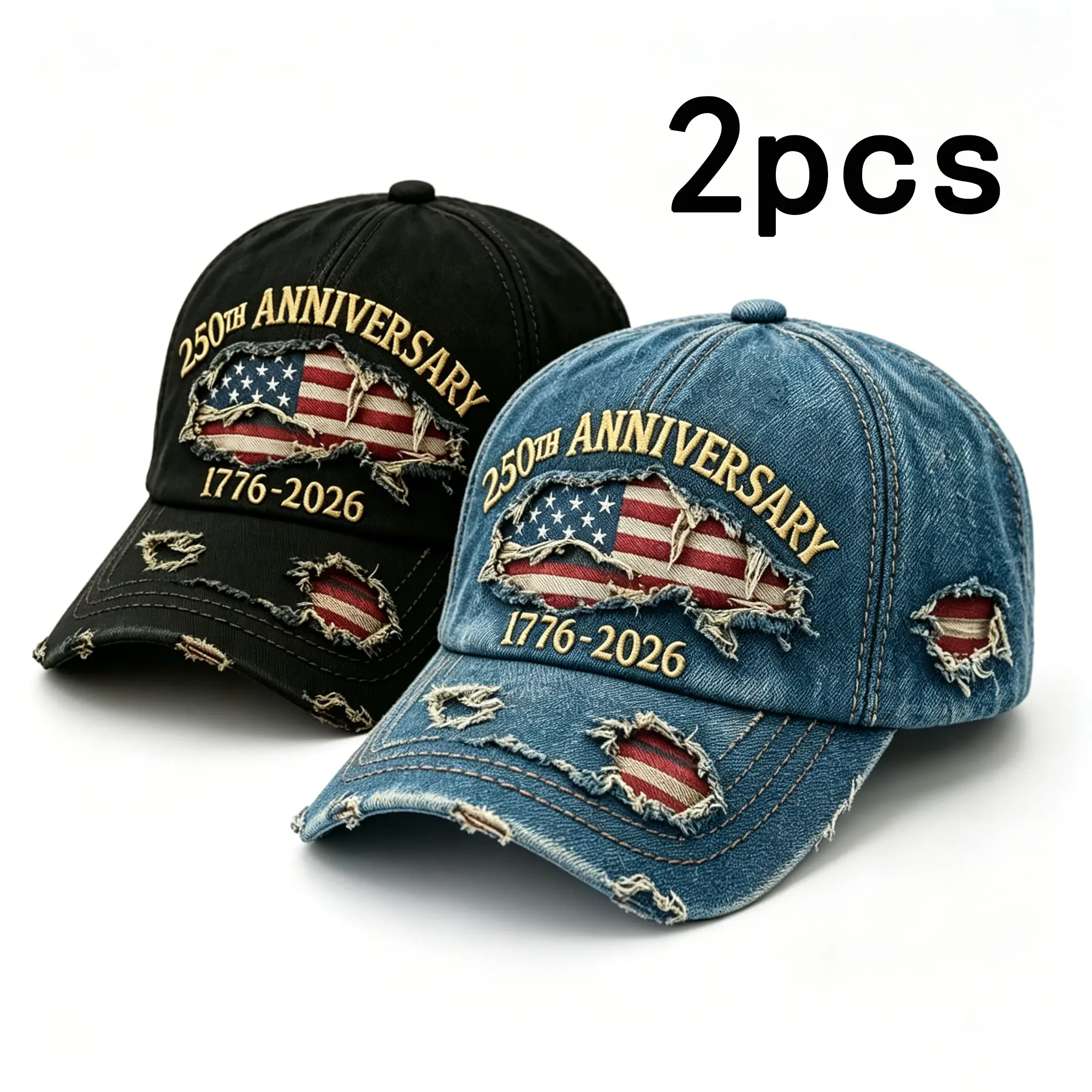 2-piece 250th Anniversary Baseball Cap Set, USA 1776-2026, patriotic fashion casual style, perfectly paired with ripped jeans and an embroidered map of the United States.