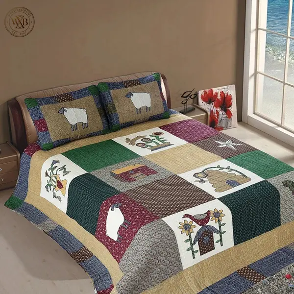 100% Cotton Patchwork Quilt Set Farmhouse Sheep Bird Floral Bedspread 3 Pieces King/Queen Size Lightweight Country Rustic Coverlet with 2 Pillow Shams No Pillows