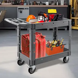 TECSPACE multifunctional trolley, double-layer heavy-duty plastic service cart with wheels, 360-degree swivel casters and two built-in brakes, mobile storage work cart suitable for warehouse, garage, school, and office cleaning, black/gray