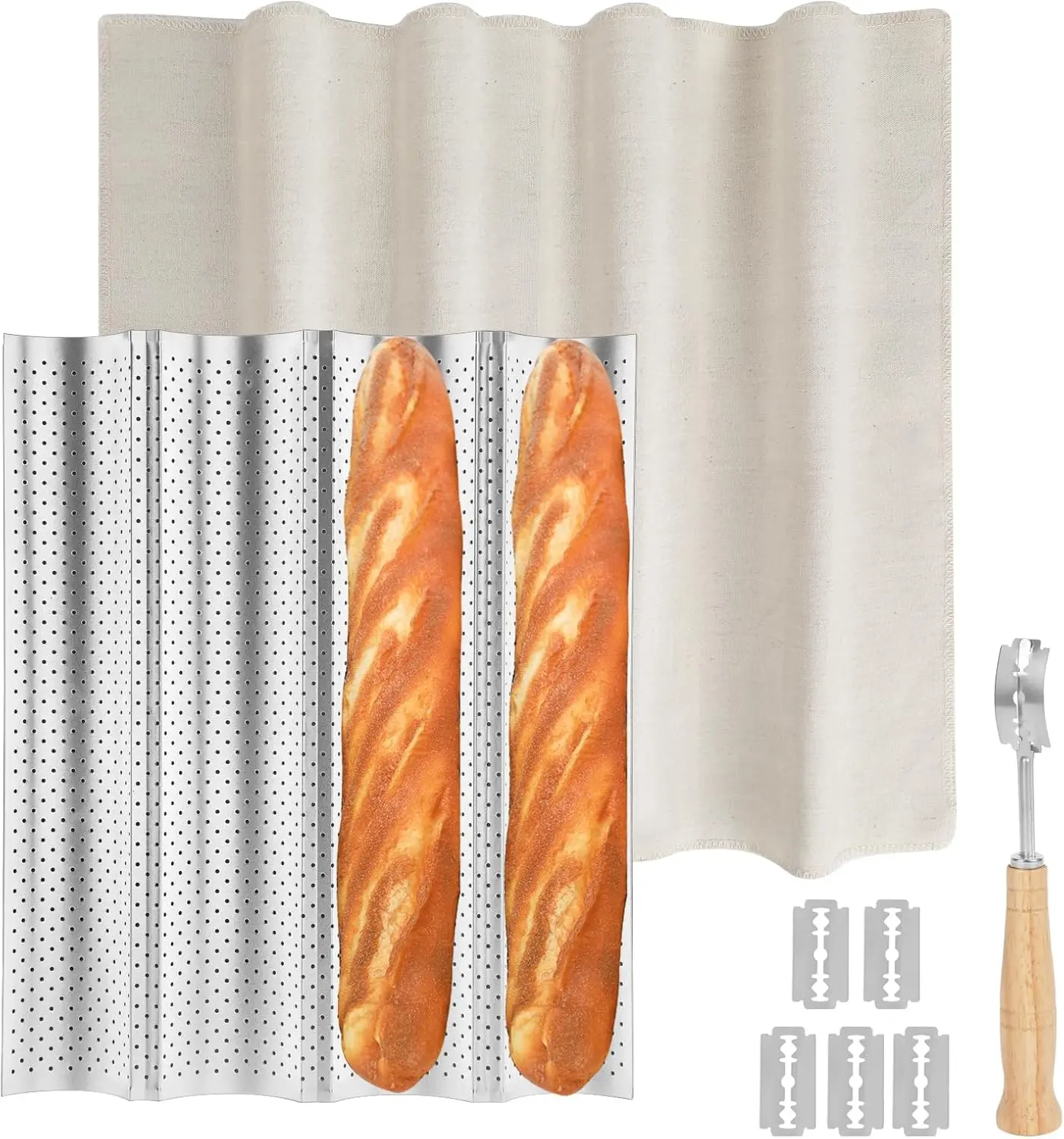 Silver French Baguette Bread Pan, 4 Slot Baguette Pan Kit, Sourdough Baguette Maker Molds, Non-Stick Baguette Tray with Proofing Cloth, Bread Lame for Baking baguette pan