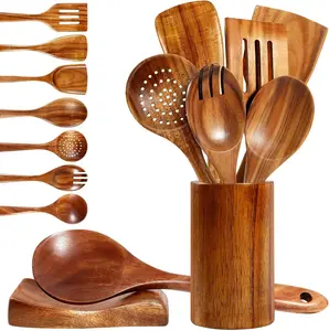 9-Piece Natural Teak Wooden Kitchen Utensil Set with Comfort Grip Cooking Spoons and Utensils Holder for Cooking