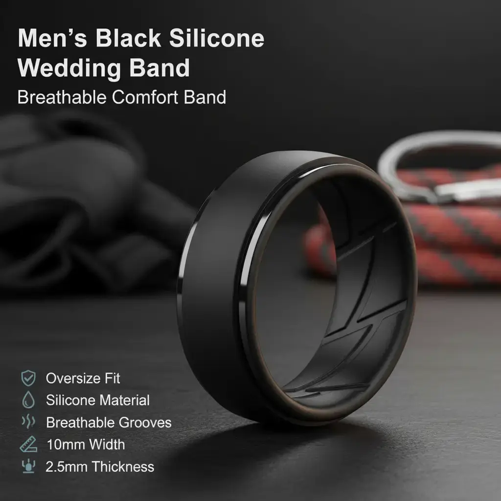 Men's Black Oversize Silicone Wedding Rings - 7-16 Step Edge, 10mm Wide, 2.5mm Thick, Breathable Grooves, Flexible Full Silicone Rings, Men's Jewelry, Mens Gifts, Gifts for Boyfriends