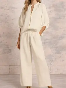 2 Piece Sets Women Lounge Set – Casual Loose Zip Up Top & Wide Leg Pants, Comfy Airport Travel Outfit, Plus Size Matching Set Spring Outfit 2026