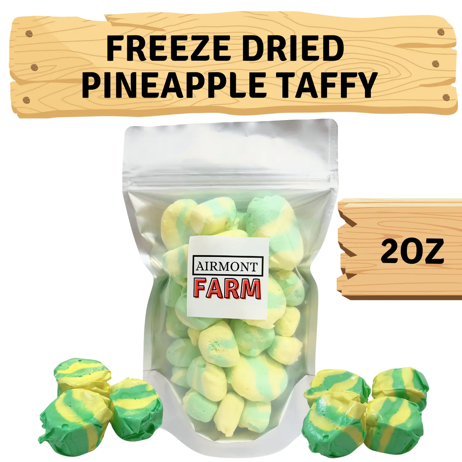 Freeze Dried Candy Pineapple Salt Water Taffy 2 oz - Cut To Bite Sized Pieces - Ships In Box - Deliciously Crunchy, Intense Flavor, Lightweight Snack