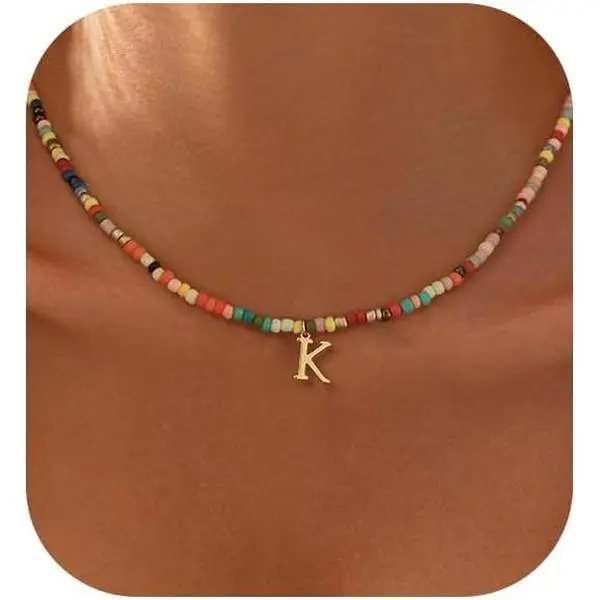 Graduation Gift Colorful Initial Necklaces for Women, 14k Gold Plated Summer Initial Necklace Cute Beach Letter Necklace Personalized Gold Necklaces for Women Trendy Preppy Gold Jewelry for Womens
