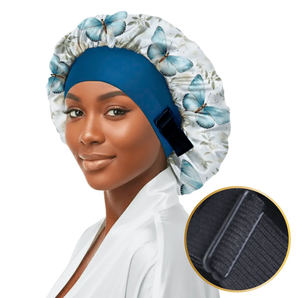 Prince Hair Company No Tie Satin Bonnet for Sleeping, Non Slip Wide Band Sleep Cap for Curly Hair, Braids & Locs, Reversible Floral Butterfly Print, Frizz Free Overnight Hair Protection Durable Gift