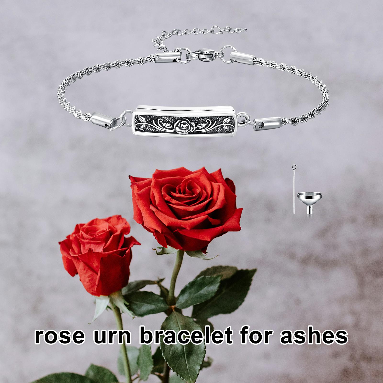 MEIDERBO Dream Chaser Rose Urn Bracelet 925 Sterling Silver Holds Ashes Flower Pendant Bella Chain Stainless Steel Rope Chain 7+2 Inch Memorial Jewelry