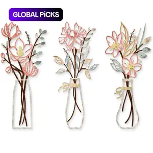 3 Pcs Metal Flowers Wall Art, Artistic Rustic Farmhouse Floral Decor, Multicolored 13.8x6 inch, for Bathroom Dining Room Front Porch, Housewarming Gift