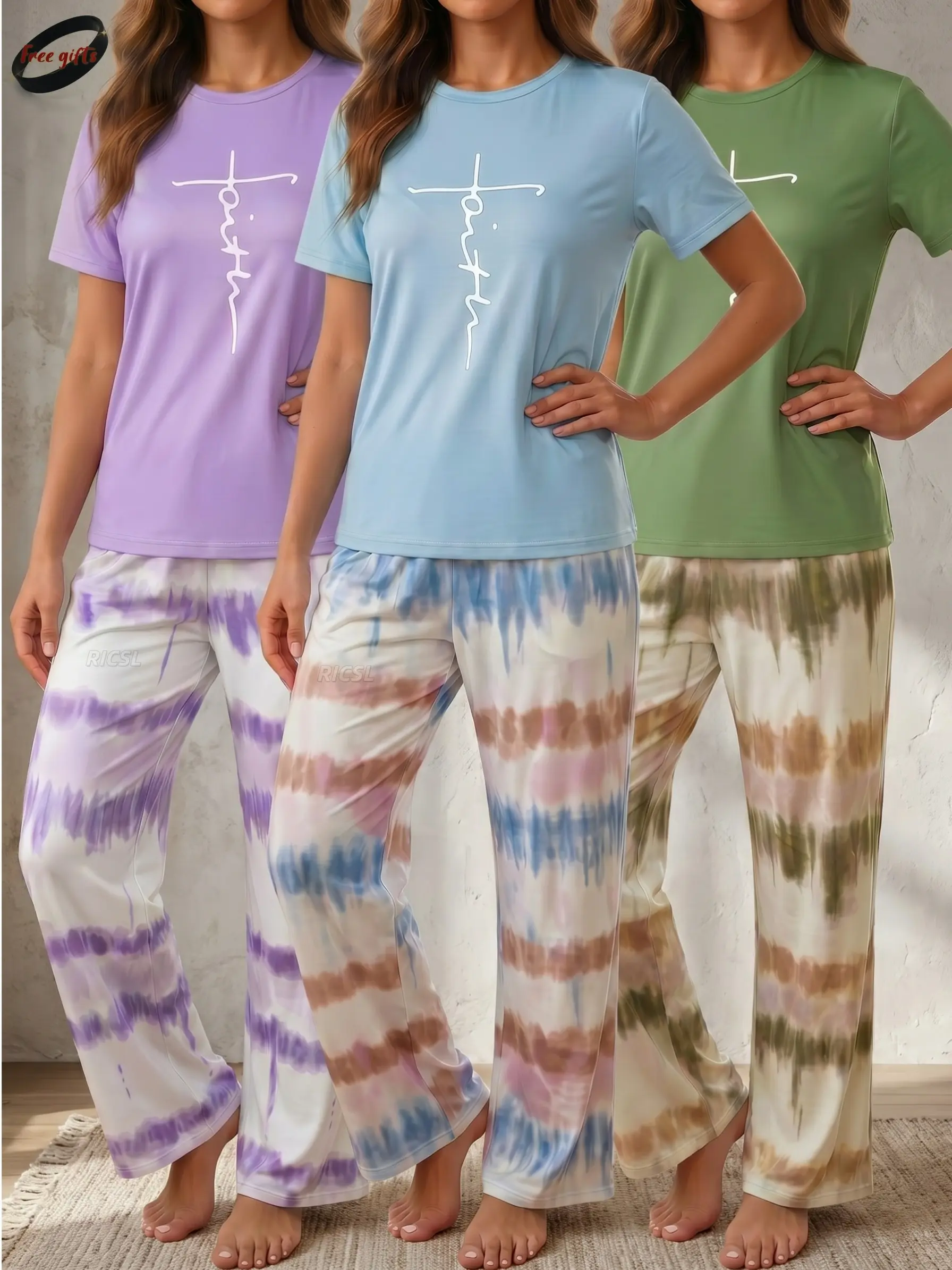 Women’s spring/summer casual loungewear set featuring a printed short-sleeve top paired with tie-dye loose wide-leg pants. High stretch fabric | soft and comfortable | ice silk feel—ideal for everyday home wear as sleepwear and loungewear.