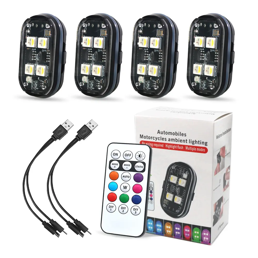 Upgraded 4PCS Wireless LED Strobe Lights for Car, Interior Car Lights with Remote Control, USB-C charging Warning Light for Car Motorcycle Drone Bike Decor