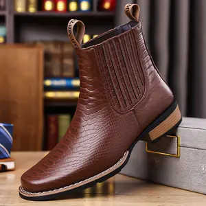 KVONE men’s vintage alligator-textured Chelsea boots with a wooden heel, business-casual style—fashionable and versatile, suitable for all seasons. Rubber boots Boy men's fashion shoes