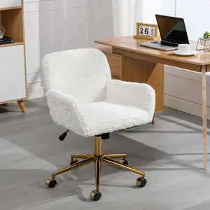 Furry Cute Office Chair, Modern Swivel Desk Chair with Wheels- Makeup Vanity Chairs with Back, Alpaca Fleece Upholstered Rolling Chairs for Vanity Makeup Room Girls Women, Beige