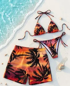 (Sale up 50%) Matching Couple Swimwear, Tropical Sunset Palm Bikini and Trunks Set