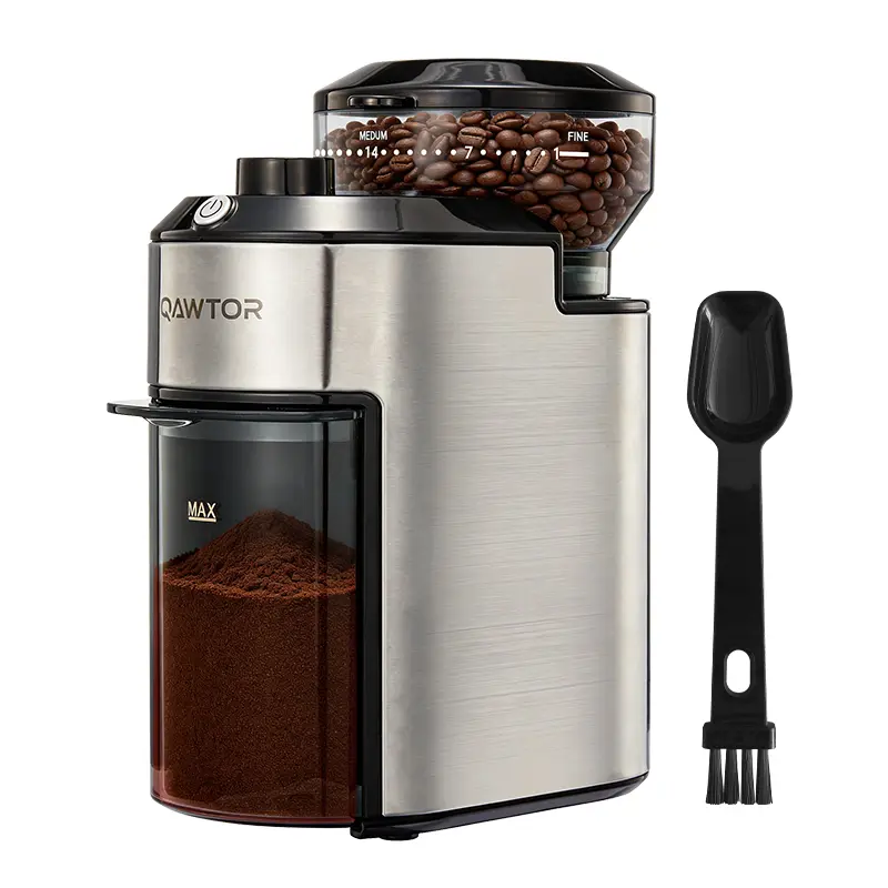 Qawtor Burr Coffee Grinder 4.0 - Home Kitchen Equipment for Coffee Enthusiasts, 28 Grind Settings, Adjustable Timer, Easy-Clean Chamber, Drip, Espresso, Pour Over, French Press