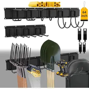 64'' Garage Tool Organizer Wall Mount - Heavy Duty 680 lbs Capacity Tool Rack with 10 Adjustable Hooks, Wall Mounted Storage System for Garage, Shed, Workshop (Black)