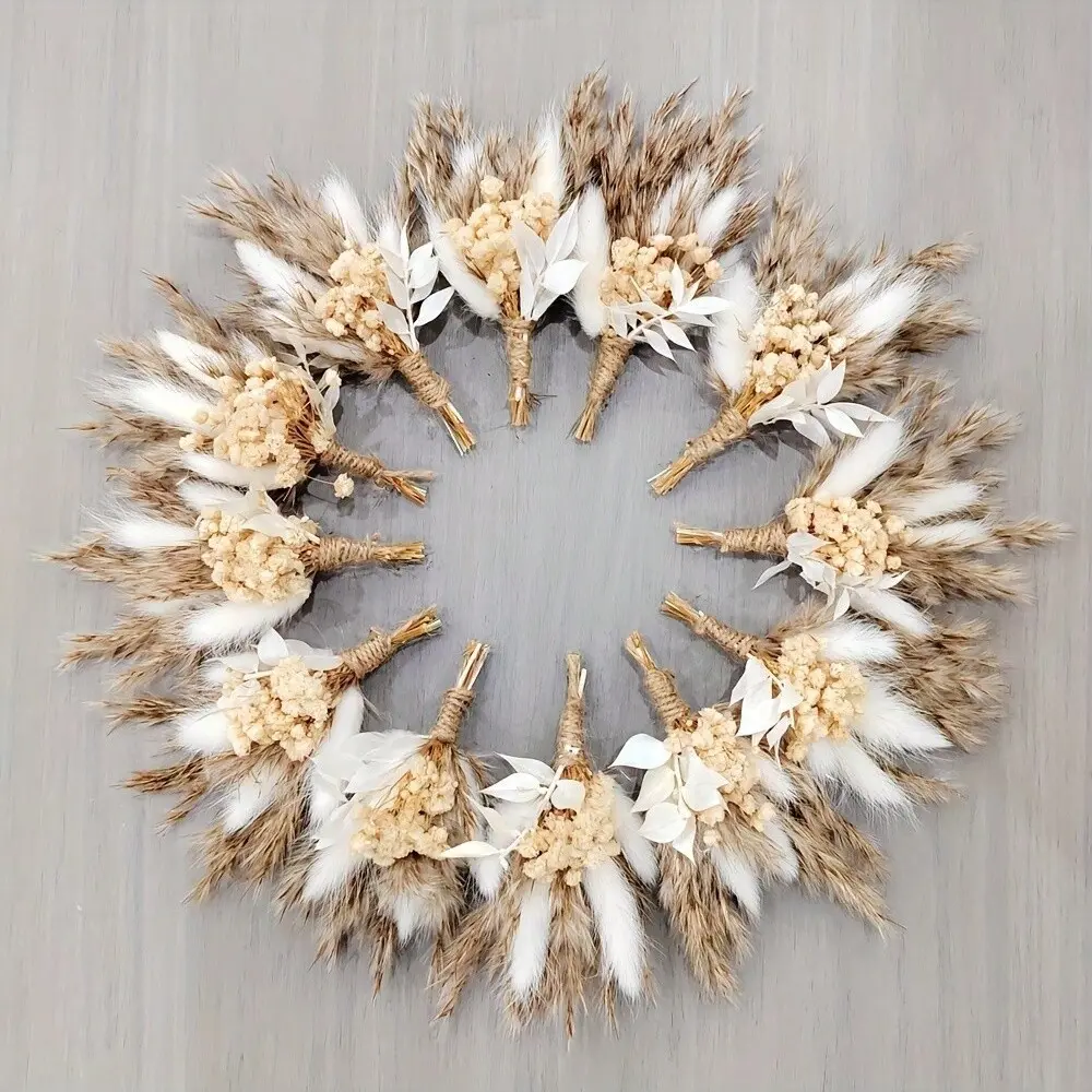 Artificial Mini Pampas Grass Bouquet - 6PCS/12PCS Maintenance-Free Neutral Tone Boxed Decorative Set, Rustic Boho Faux Florals for Gift, Table Decor, Wedding Favors