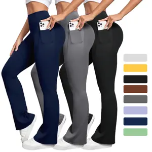 Women's High-Elasticity Flare Yoga Pants with Pockets Soft Supportive Moisture-Wicking Activewear for Running Training Outdoor Sports Black Fitness Activewear Flare Leggings Smooth Fabric Finish - Athletic Bottoms