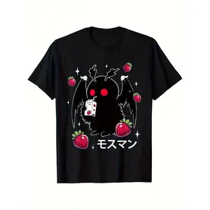 Mothman Kawaii Strawberry Milk Shake Cryptid Graphic T-Shirt – Unique Streetwear Style, Breathable Pure Cotton Fabric, Comfortable Round Neck, Short Sleeve Casual Tee for Women & Men, Allseason Apparel |           Whimsical Design |           Soft Fabric